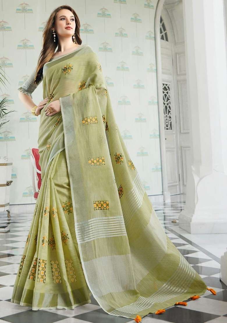 Olive Blended Saree Set with Printed for Diwali | Wedding & Festive Wear - Indya