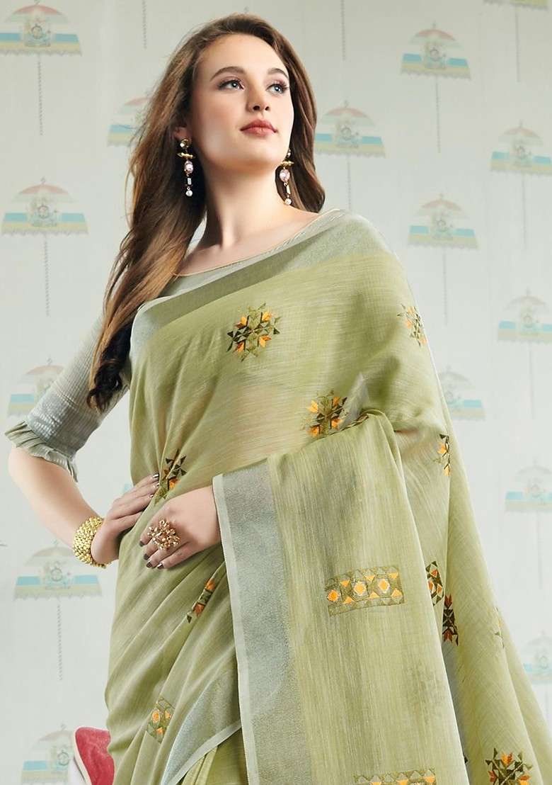Olive Blended Saree Set with Printed for Diwali | Wedding & Festive Wear - Indya