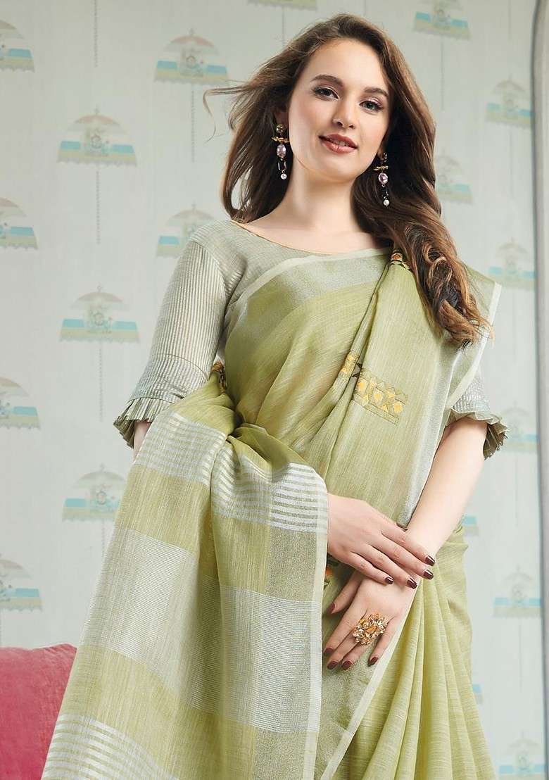 Olive Blended Saree Set with Printed for Diwali | Wedding & Festive Wear - Indya
