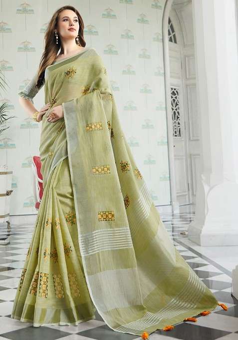 Olive Blended Saree Set with Printed for Diwali | Wedding & Festive Wear
