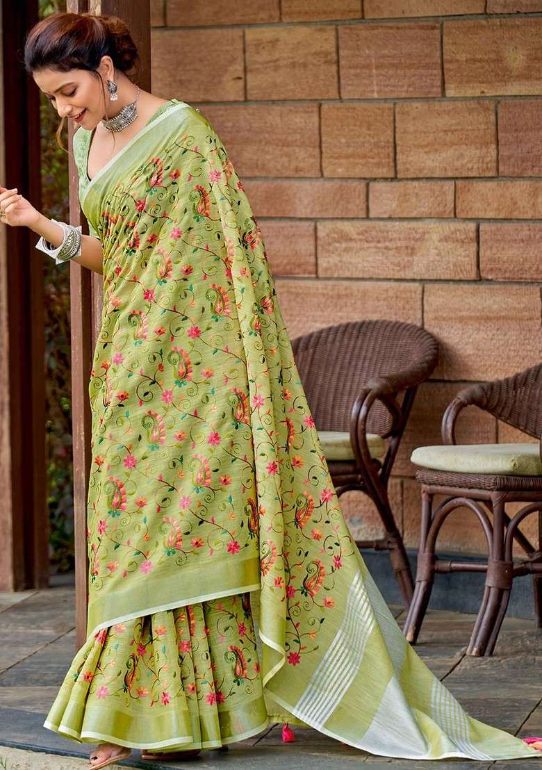 Olive Printed Blended Saree Set for Diwali and Festive Wear - Indya