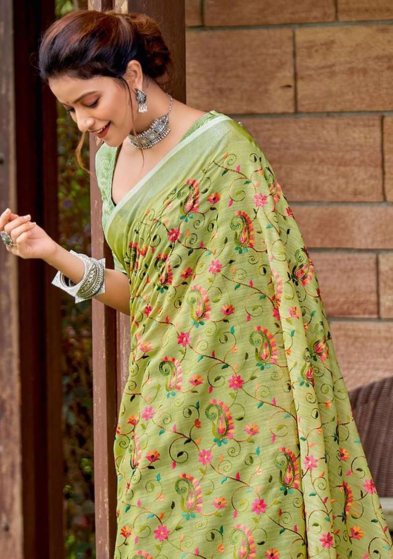 Olive Printed Blended Saree Set for Diwali and Festive Wear - Indya