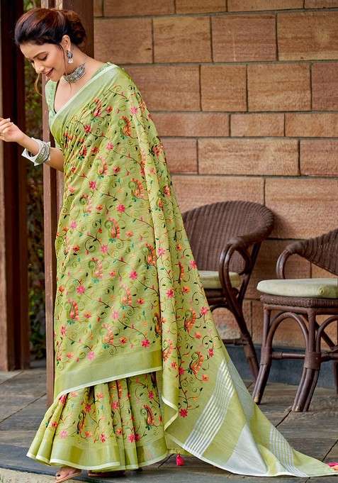 Olive Printed Blended Saree Set for Diwali and Festive Wear