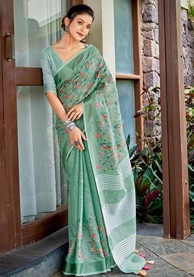 Teal Printed Blended Saree Set