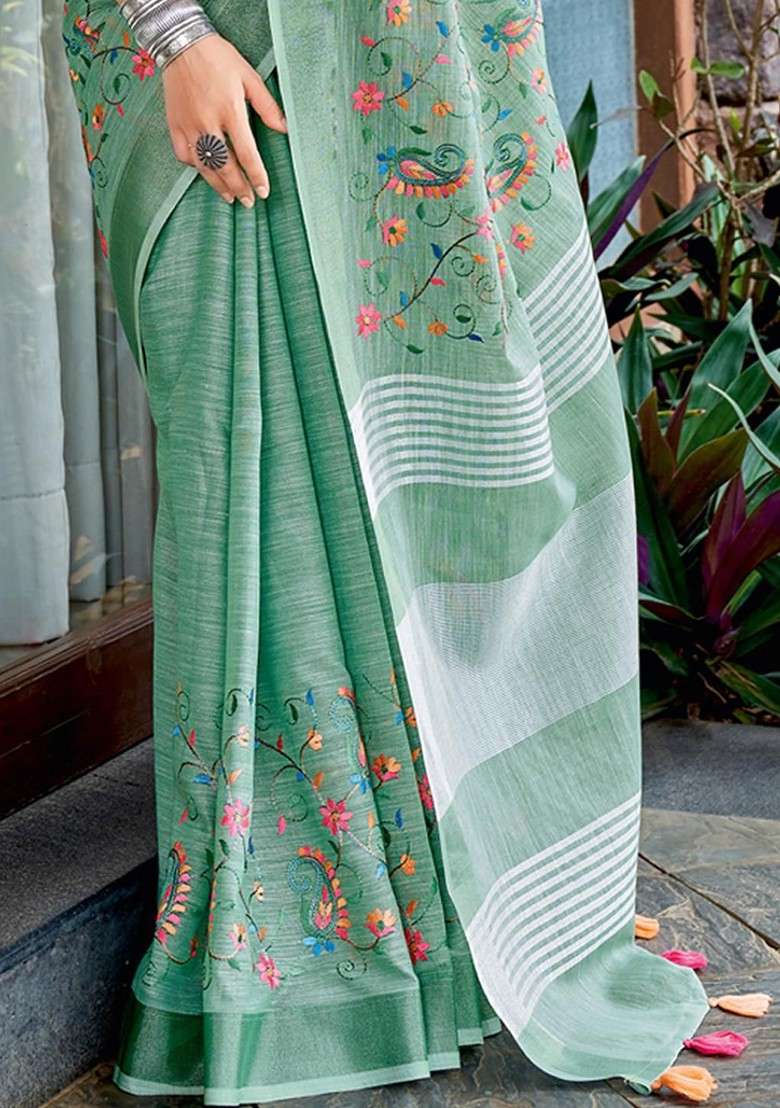 Teal Blended Saree Set with Printed for Diwali | Wedding & Festive Wear - Indya