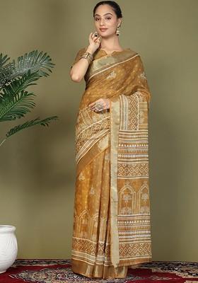 Mustard Embroidered Blended Saree Set