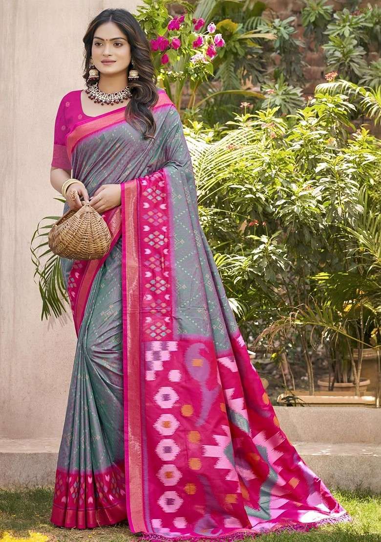 Grey Embroidered Blended Saree Set for Diwali and Festive Wear - Indya