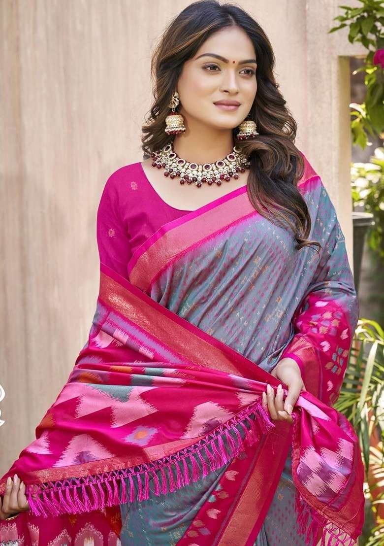 Grey Embroidered Blended Saree Set for Diwali and Festive Wear - Indya