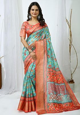 Sea Green Printed Blended Saree Set
