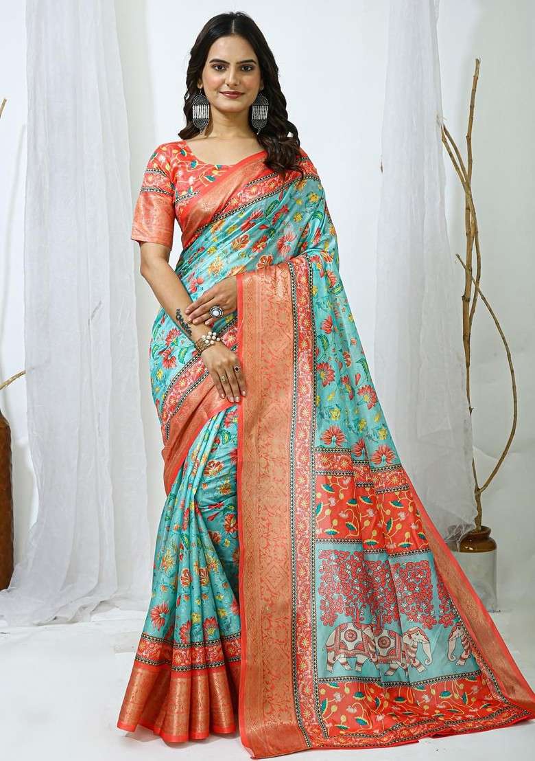 Sea Green Printed Blended Saree Set - Indya