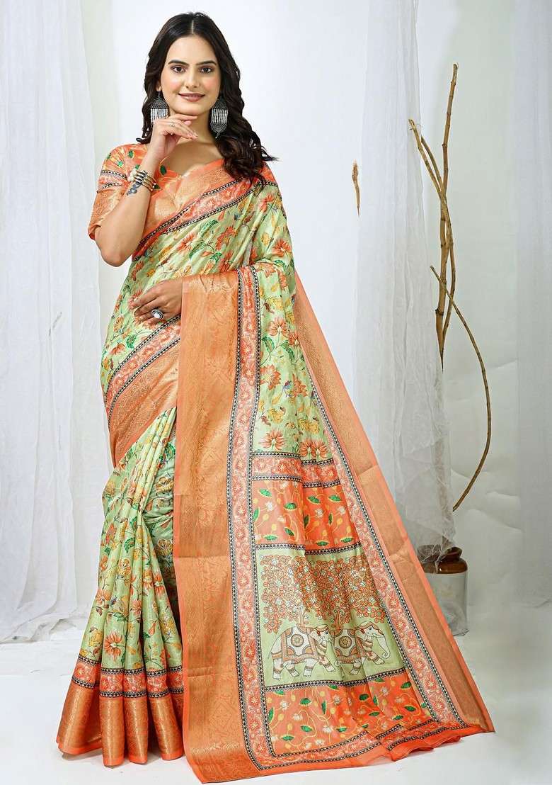 Lime Green Printed Blended Saree Set - Indya