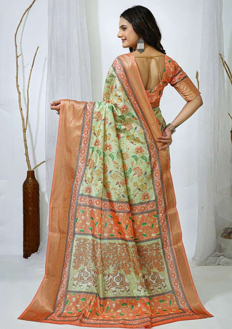 Lime Green Printed Blended Saree Set - Indya