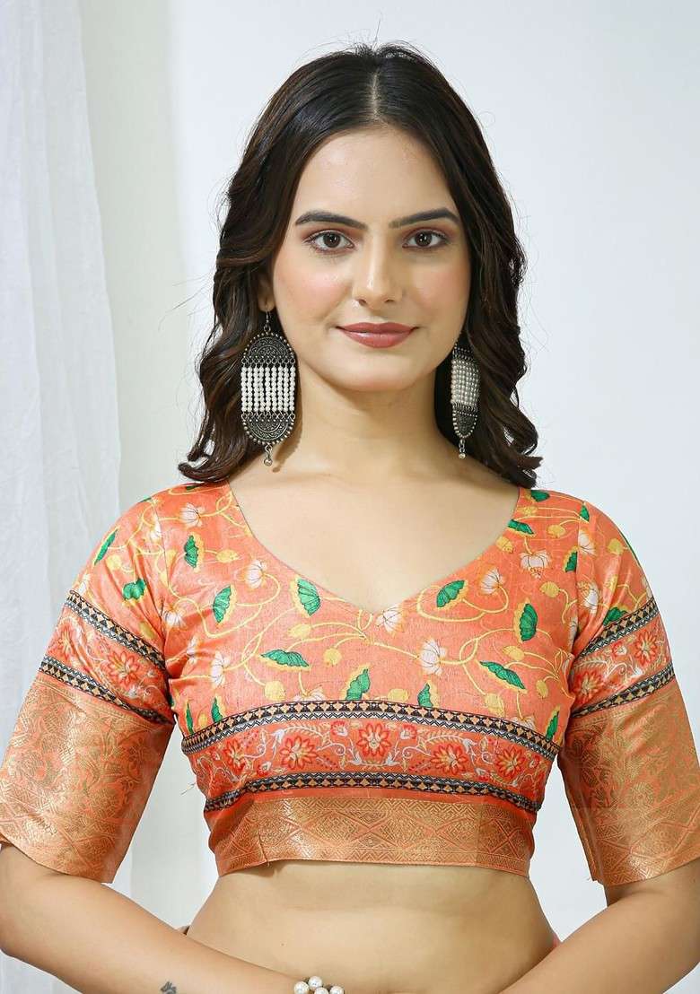 Lime Green Printed Blended Saree Set - Indya