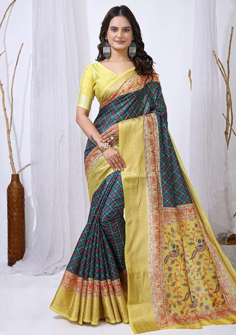 Teal Printed Blended Saree Set - Indya