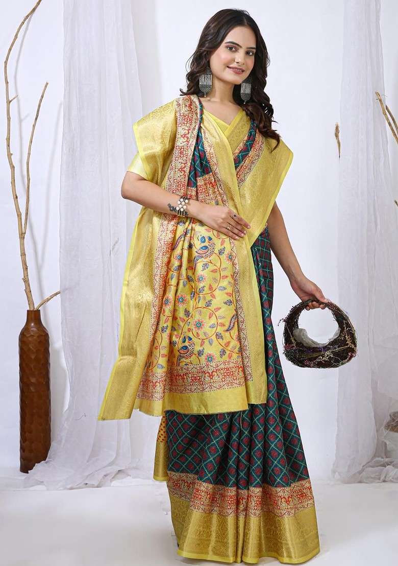 Teal Printed Blended Saree Set - Indya