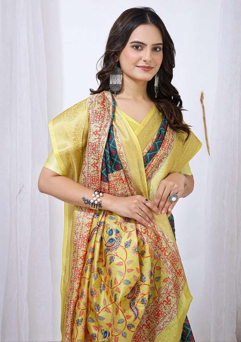 Teal Printed Blended Saree Set - Indya