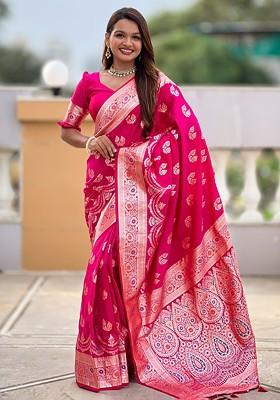 Magenta Embroidered Blended Saree Set