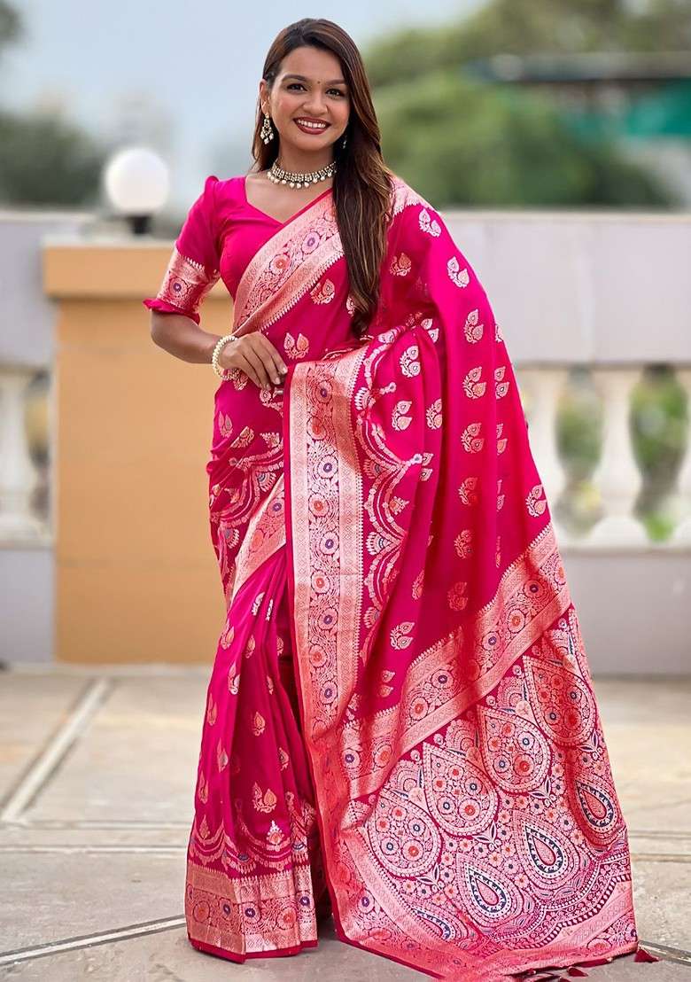 Magenta Blended Saree Set with Embroidered for Diwali | Wedding & Festive Wear - Indya