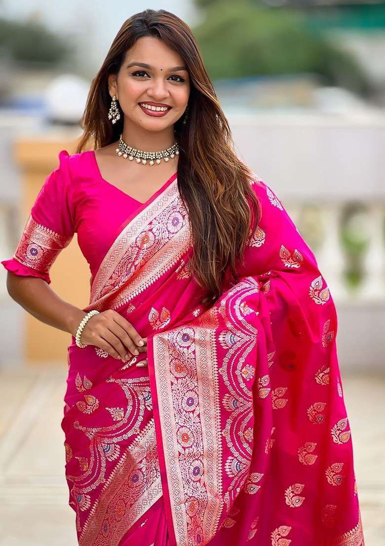 Magenta Blended Saree Set with Embroidered for Diwali | Wedding & Festive Wear - Indya