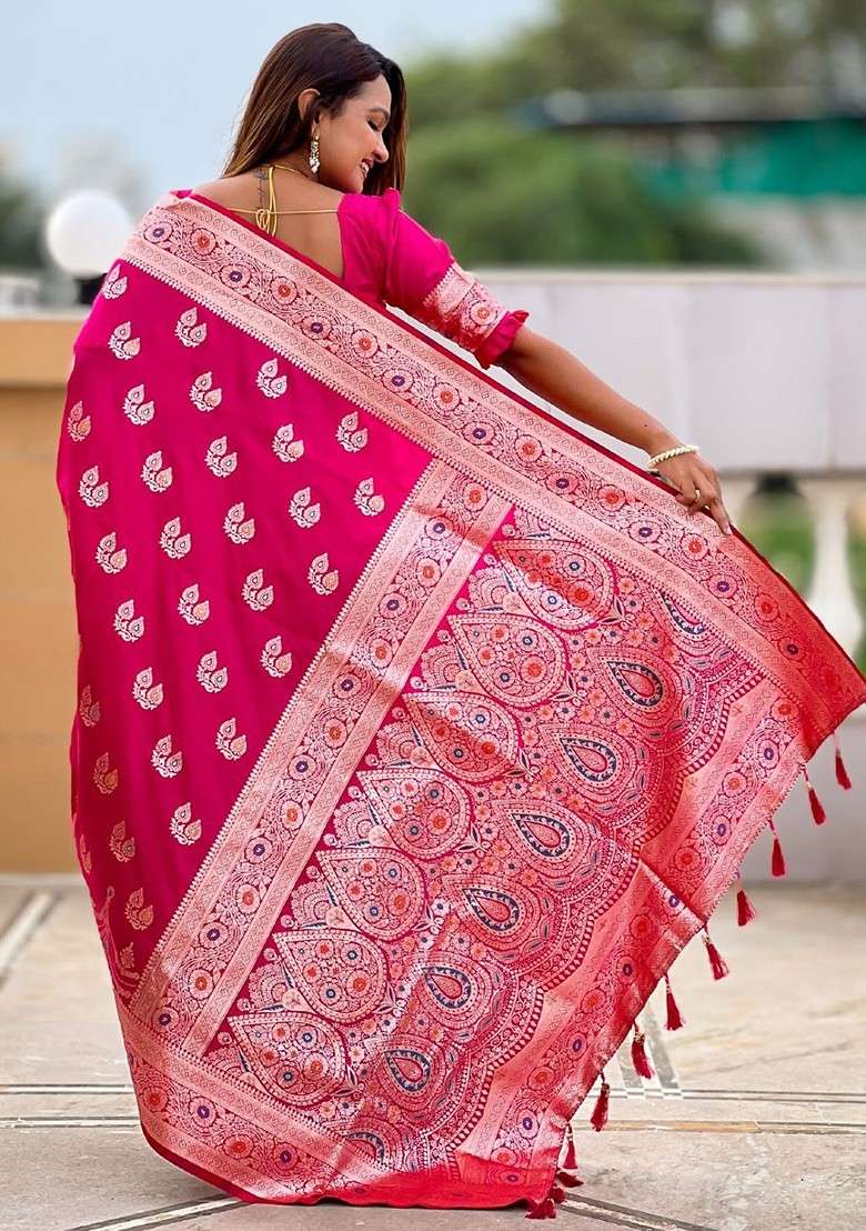 Magenta Blended Saree Set with Embroidered for Diwali | Wedding & Festive Wear - Indya