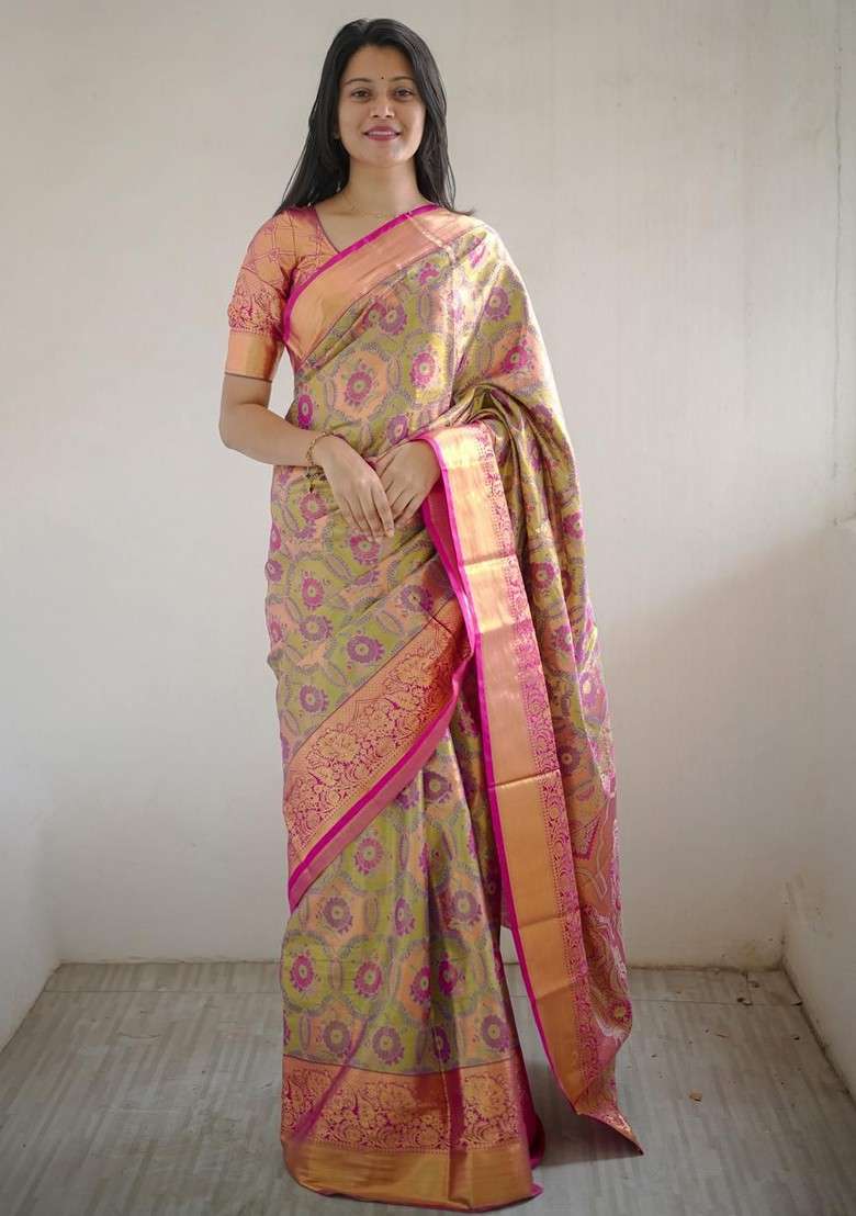 Olive Embroidered Blended Saree Set for Diwali and Festive Wear - Indya