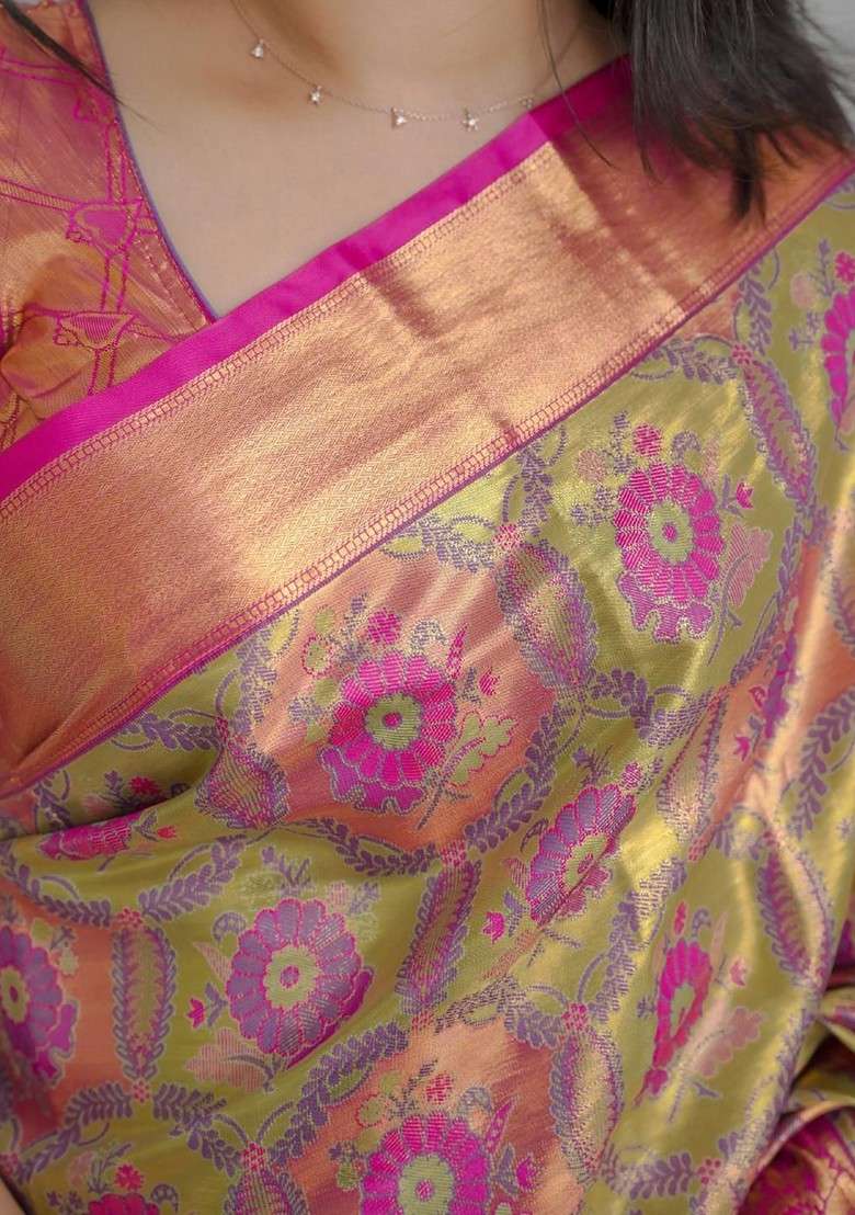 Olive Embroidered Blended Saree Set for Diwali and Festive Wear - Indya