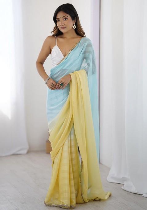 Yellow Printed Blended Saree Set