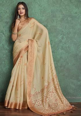 Peach Printed Blended Saree Set