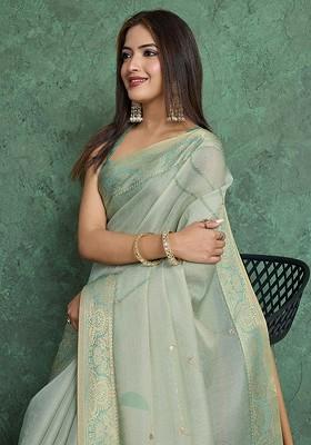 Sea Green Printed Blended Saree Set