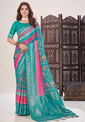 Teal Printed Blended Saree Set