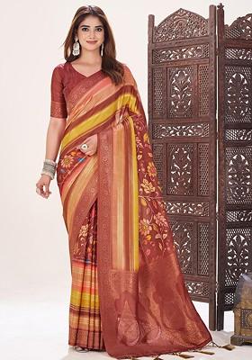 Red Printed Blended Saree Set
