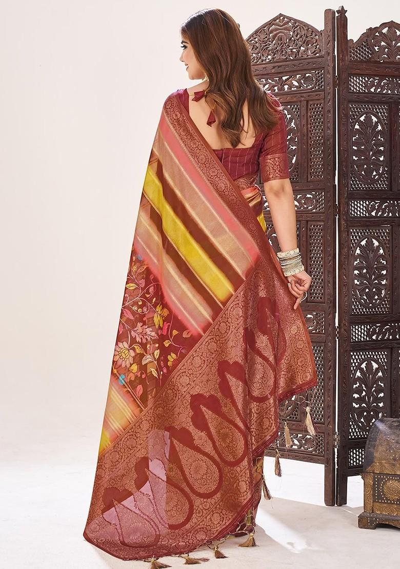 Red Printed Blended Saree Set