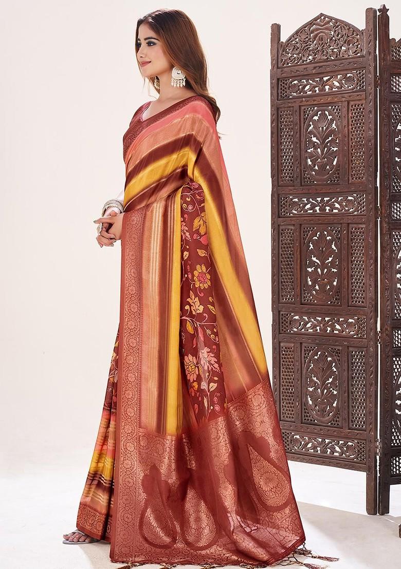 Red Printed Blended Saree Set