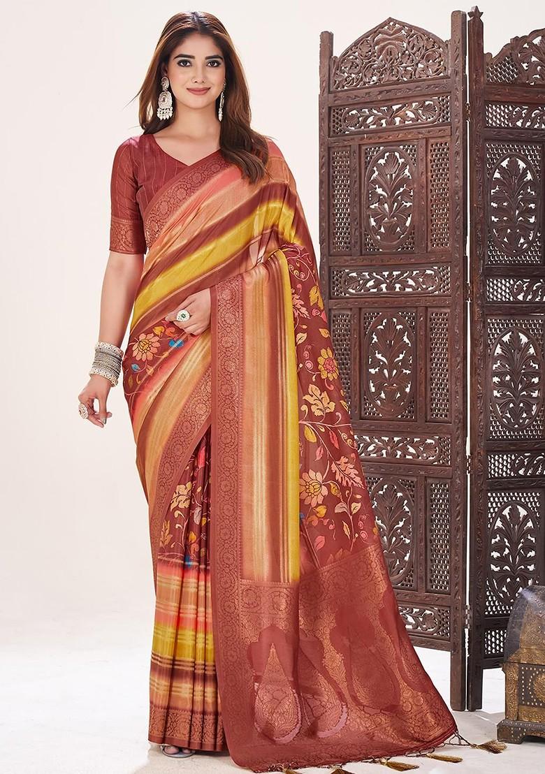 Red Printed Blended Saree Set