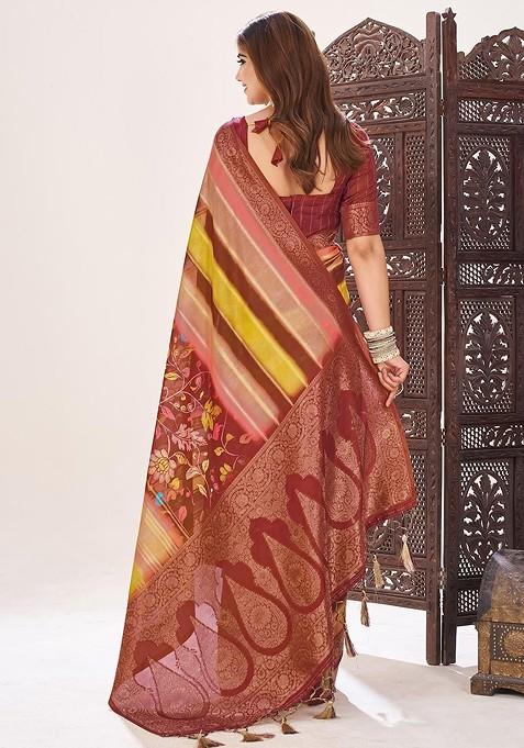 Red Printed Blended Saree Set