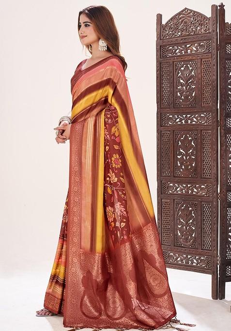 Red Printed Blended Saree Set