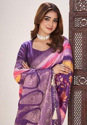 Purple Printed Blended Saree Set