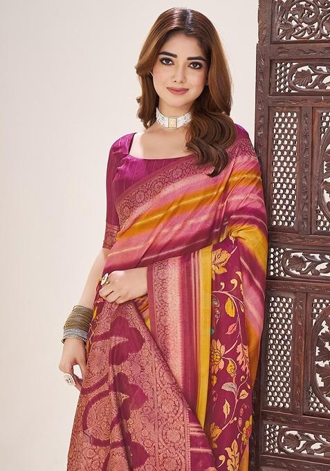 Pink Printed Blended Saree Set