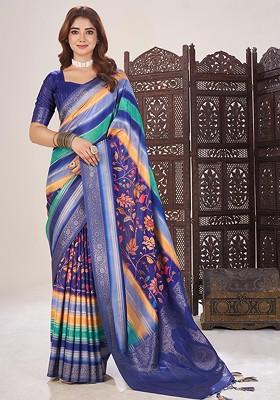 Navy Blue Printed Blended Saree Set