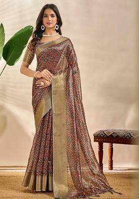Brown Embroidered Blended Saree Set