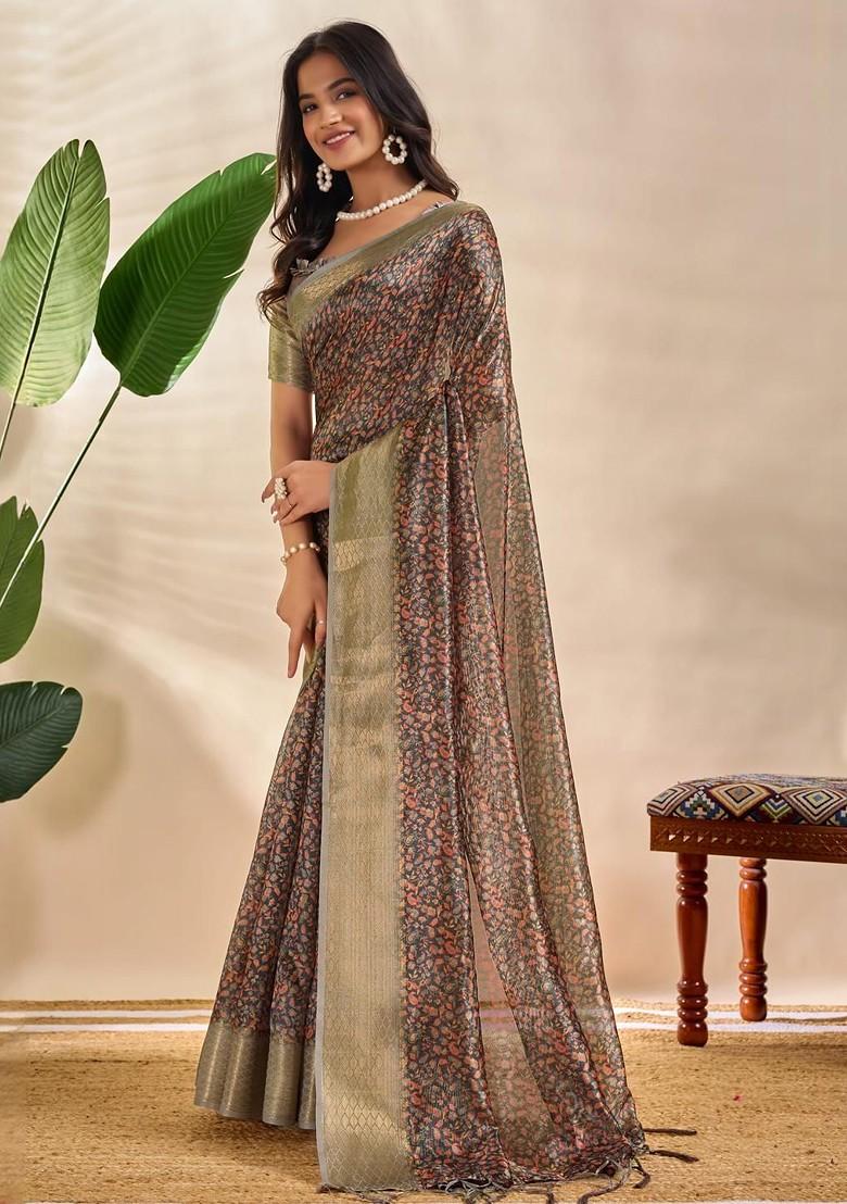 Brown Embroidered Blended Saree Set - Indya