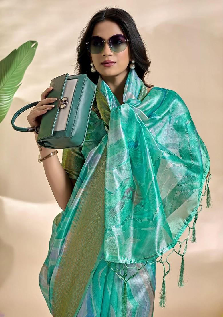 Blue Embroidered Blended Saree Set - Indya