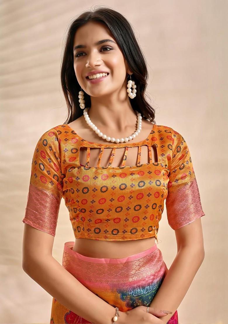 Orange Embroidered Blended Saree Set - Indya