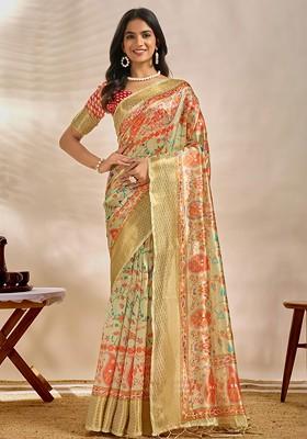 Cream Embroidered Blended Saree Set