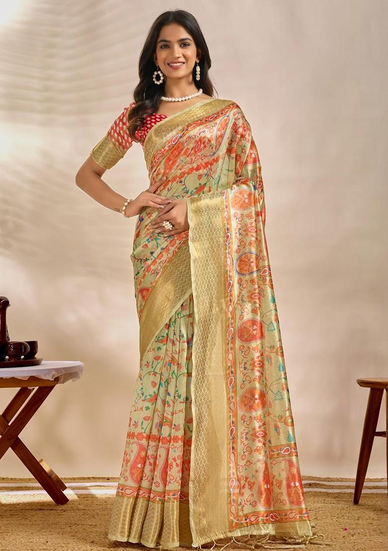 Cream Embroidered Blended Saree Set - Indya