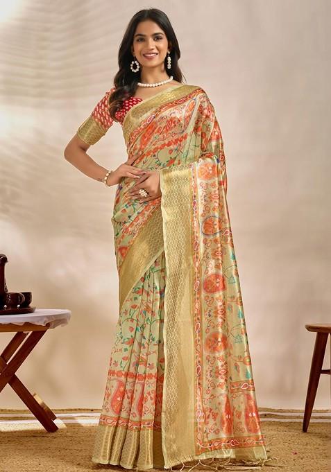 Cream Embroidered Blended Saree Set — view on Indya
