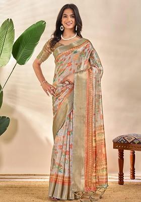 Cream Embroidered Blended Saree Set
