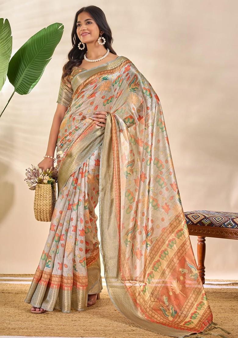 Cream Embroidered Blended Saree Set - Indya