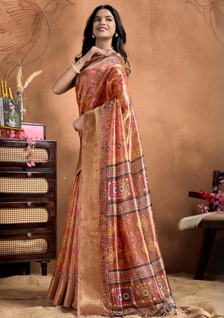 Orange Embroidered Blended Saree Set - Indya