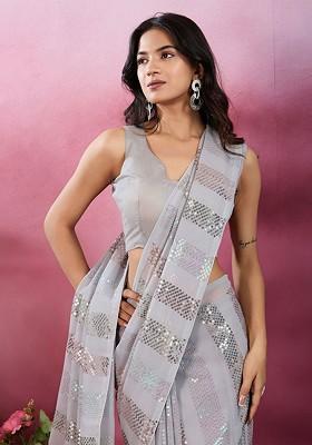 Grey Sequin Embellished Blended Saree Set
